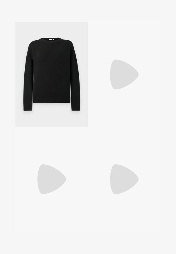 Must või pikkade varrukatega crewneck-sviiter, millel on ribatud mansetid ja alläär, esitlemisel helesinise halli taustal.; Valge lühikeste varrukatega särk, millele on lisatud must kitsas mini seelik ja läikivad tumepruunid põlvini ulatuvad saapad. Komplektis on selged jooned ja tekstuurid.; Mustad mustad ansapüksid, mis on valmistatud siledast nahast, külje zipperiga, paksu tekstuuriga kontsaga ja ümmarguse nina disainiga.; Mustmust mustraha kõverate joontega, eemaldatava rihmaga ja kuldsete detailidega. Kotil on klapp, millel on pandladetail.