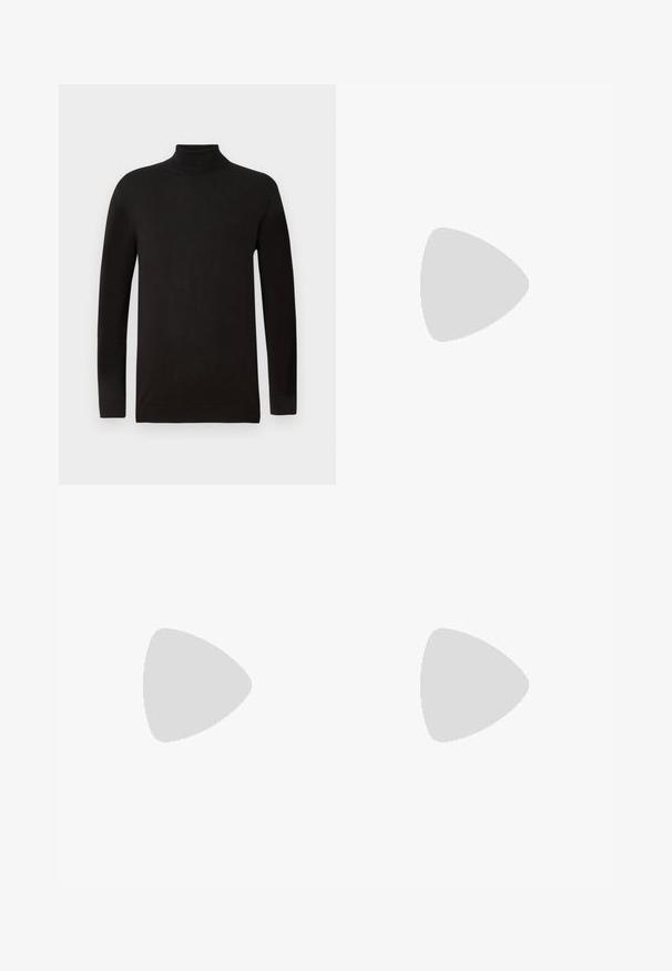 TOM TAILOR BASIC TURTLENECK - Jumper - black; Black denim jeans with a slim fit, featuring a button closure, five pockets, and subtle stitching details along the seams.; Black patent leather dress shoe with a rounded toe, lace-up design, and smooth, shiny surface. Features a low-profile rubber sole.; Brown, rectangular eyeglasses with transparent lenses and purple tints. Smooth plastic frame with straight temples and subtle accents.