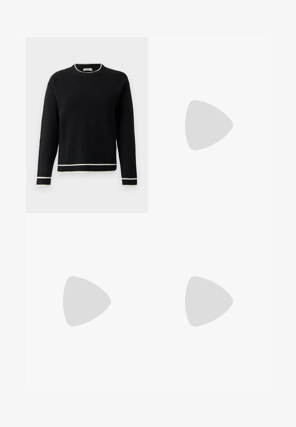 Pull noir à manches longues avec col rond, orné de détails blancs au col, aux poignets et à l'ourlet, présenté sur un fond blanc uni.; Jean en denim gris à jambes larges avec un lavage moyen, présentant un design à cinq poches, une fermeture à bouton sur le devant et des détails de couture subtils.; Escarpins en cuir verni noir avec bout pointu et talon bloc géométrique. Présente un design élégant et minimaliste ainsi qu'une texture lisse.; Sac à main en cuir noir avec une forme courbée, bandoulière amovible et des accessoires en or. Le sac est doté d'un rabat avec un détail de boucle.