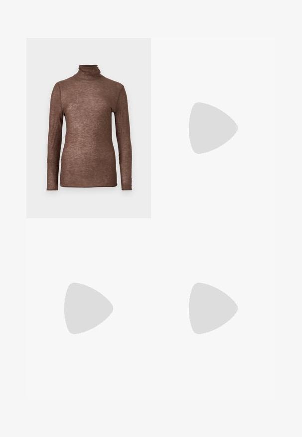 Brown long-sleeve turtleneck top with a fitted shape, made of soft fabric, featuring subtle metallic specks across the surface.; Light gray cropped shirt made of soft fabric, featuring a collared neckline, fringe detail along shoulders and hem, and wide sleeves.; Navy blue textured mini skirt with three decorative gold buttons on the side.; Brown leather sandal with thin strappy design, featuring a gold-tone buckle and flat black sole with zigzag edge.