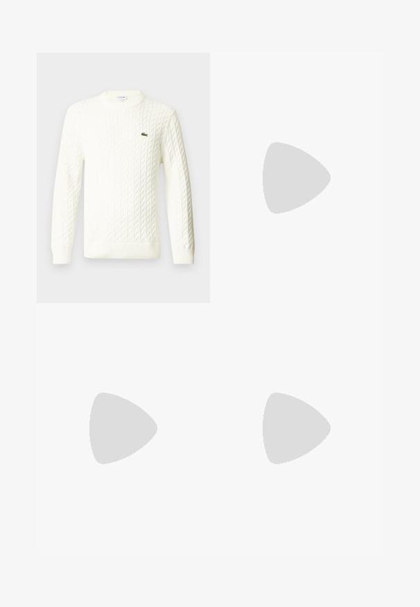 White cable-knit sweater with a crew neckline, long sleeves, and a green embroidered logo on the chest. Made from a soft knit fabric.; White cotton t-shirt featuring a round neckline and short sleeves, with a circular gray logo printed on the left chest.; Navy blue athletic pants made of cotton, featuring a tapered fit, elastic waistband, and light blue side stripes. Includes logo detail.; Lacoste sneakers in dark gray with mesh and synthetic material, featuring a textured sole and brown accents on the collar and branding.