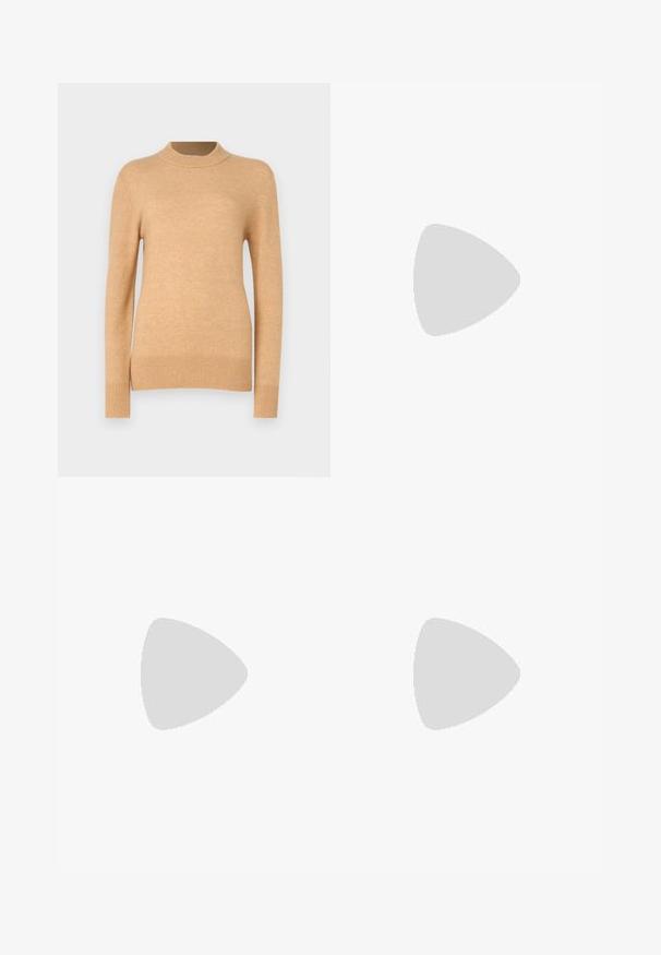 Beige knitted sweater with long sleeves and a high, ribbed neckline. Features ribbed cuffs and hem, smooth texture, and a fitted design.; Dark brown leather wide-leg trousers with a high waist, featuring front pockets, a zipper fly, and belt loops. Smooth texture.; Black leather ankle boots with a pointed toe and block heel, paired with shiny silver pants, showcasing sleek textures and contrasting colors.; Black leather bucket bag with a textured finish, gold hardware accents, and an open top. Features a short handle and adjustable shoulder strap.