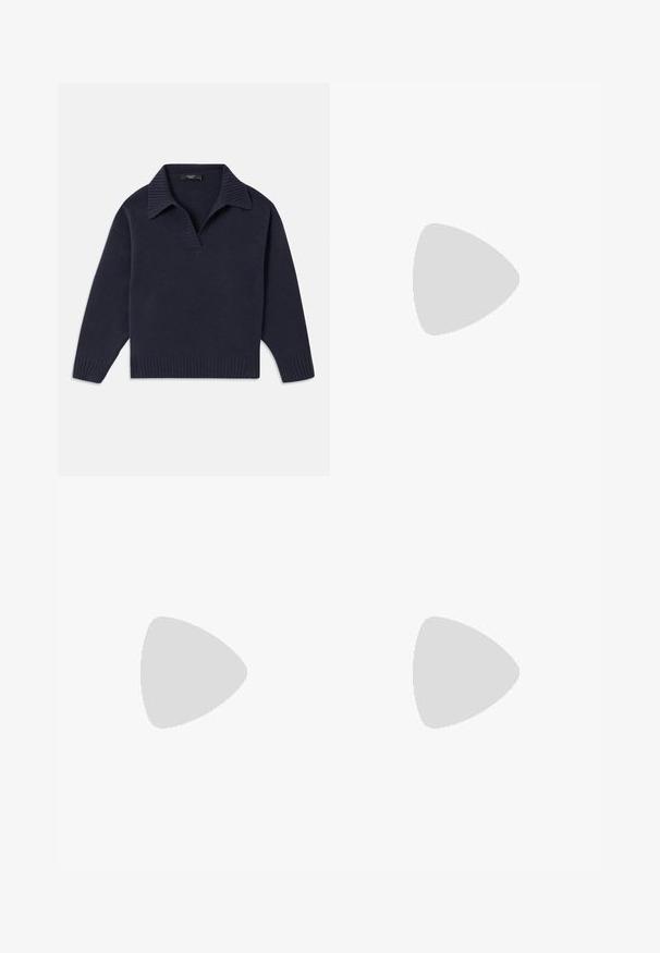 Pullover de malha azul-marinho com colarinho canelado, meia abertura e bainha canelada. Apresenta mangas longas e um corte confortável. Textura macia.; Calças largas azul-marinho com acabamento texturizado, faixa elástica na cintura e dois bolsos traseiros. Feitas de um tecido leve e respirável.; Sapatilhas com uma combinação de materiais creme, azul marinho e camurça, design de atacadores, costura diagonal e sola de borracha com tracção.; Bolsa de mão em pele sintética preta com acabamento texturizado, apresentando um detalhe de contas prateadas ao longo da alça superior e uma alça de corrente.