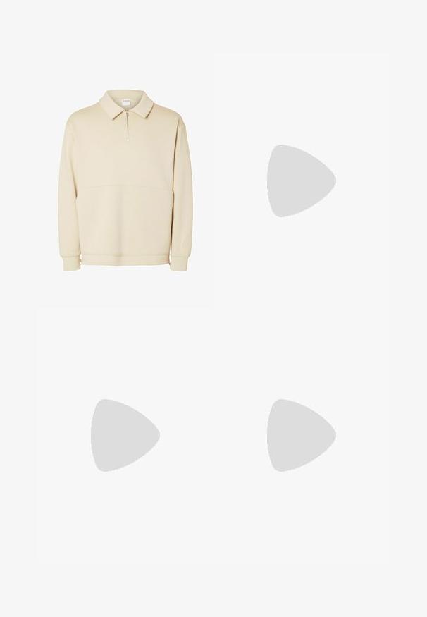 Bež pulover s kapuco, izdelan iz mehkega blaga, z zadrgo na vratu, ovratnikom in sproščenim krojem z enostavnim horizontalnim šivom.; Bela bombažna majica s krojem na vratu, kratkimi rokavi in ohlapnim fitom. Ima enostaven dizajn brez vzorcev ali dodatkov.; Sive cargo hlače iz bombaža. Imajo sproščen kroj, več žepov in zadrgo z gumbom za zapiranje. Rovnostranska zasnova.; Športni čevlji z belim usnjenim zgornjim delom, sivim semišem na prstih in tremi črnimi črtami. Imajo modro logo na jeziku in teksturiran gumijast podplat.