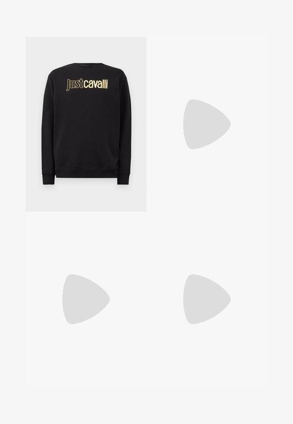 Black long-sleeve sweatshirt with gold "Just cavalli" logo text across the chest, featuring ribbed cuffs and hem.; Black sweatpants made of cotton blend fabric. Features an elastic waistband with drawstring, two side pockets, and textured panel accents.; Black leather loafers with a smooth texture, rounded toe, and a decorative strap across the vamp. Low stacked heel, minimalist design.; Taupe leather crossbody bag with a zippered front pocket, adjustable strap, pebble texture, and embossed logo on the front.