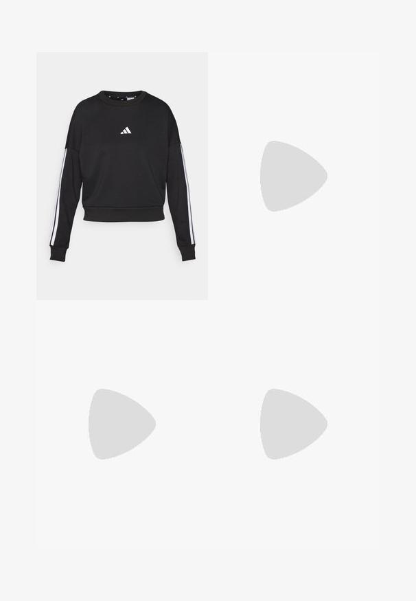 Felpa nera con maniche lunghe, collo rotondo, logo Adidas bianco sul petto e strisce bianche lungo le maniche. Texture morbida.; Crop top sportivo bianco realizzato in tessuto morbido, con scollatura rotonda e un logo nero accentato sul lato sinistro.; Leggings di un blu medio, realizzati in un tessuto liscio e elasticizzato. Design a vita alta con cuciture rinforzate e sottili accenti geometrici.; adidas Performance PUREBOOST 5 - Scarpe da corsa su strada - white/glow blue/purple burst