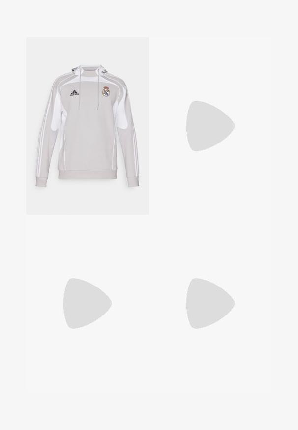Felpa grigia con cappuccio e dettagli bianchi, caratterizzata dal logo Adidas e dallo stemma del Real Madrid. Realizzata in tessuto morbido ed elastico, con maniche lunghe.; Polo bianco con strisce nere e rosse sulle spalle. Presenta un emblema sul petto e un colletto classico. Realizzato in tessuto traspirante.; Pantaloni sportivi neri con una vestibilità rilassata, con strisce bianche sui lati, vita con cordoncino e due tasche laterali. Realizzati in tessuto morbido.; Scarpe sportive bianche con tomaia in mesh texturato, suola ammortizzata e supportiva, e design a tre strisce sul lato.