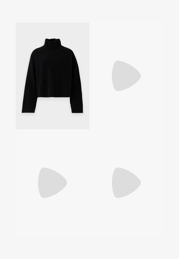Black ribbed knit sweater with a high neck and cropped design, featuring long sleeves and a textured finish.; Black leather pencil skirt, mid-length, features a smooth texture, vertical stitching details, and a discreet side zipper.; Samsøe Samsøe SABRENTA  - Cowboy/biker ankle boot - black; Black leather handbag with a gathered top design, featuring two short handles and a long adjustable strap. Smooth texture, rounded shape.