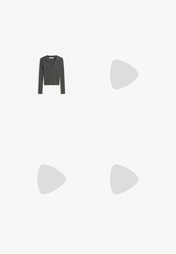 Dark grey ribbed long-sleeve shirt with wide collar and deep V-neck, laid flat on a white background.; Gray pleated mini skirt with a buttoned waistband and a small logo embellishment on the right side.; Beige slingback heels with pointed toes, featuring cut-out striped design, woven detailing, and a small block heel. Smooth surface finish.; Gucci sunglasses with rectangular brown lenses, tortoiseshell acetate frame, and gold logo detailing on the temples.; Black leather handbag with a structured design, top handle, detachable strap, and gold-tone hardware on a magnetic closure.