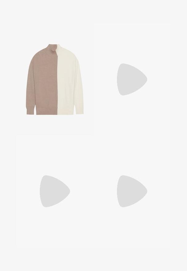 Maglione a collo alto con design color block in beige chiaro e crema, realizzato in morbido materiale a maglia, con polsini e orlo a coste.; Pantaloni neri a gamba larga caratterizzati da un tessuto testurizzato, una vita elastica e una cintura staccabile per una vestibilità regolabile.; Mocassini in pelle nera con tacco piatto, dotati di un dettaglio decorativo in metallo dorato nella parte anteriore e una superficie liscia.; Borsa a tracolla in pelle nera con due manici lunghi, una texture liscia e una forma strutturata. Presenta una tasca frontale per ulteriore spazio di archiviazione.