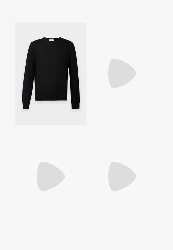 Black long-sleeve sweater made from soft fabric, features a round neckline, ribbed cuffs, and a straight hem. Minimalist design, no patterns.; White long-sleeve shirt made of cotton, featuring a button-down collar, a single chest pocket, and a smooth texture.; Gray tailored trousers made of textured fabric, featuring two front pleats and a straight-leg design. No visible pockets or embellishments.; Black leather men's loafer with a low heel and a classic penny strap design, shown in side profile on a white background.