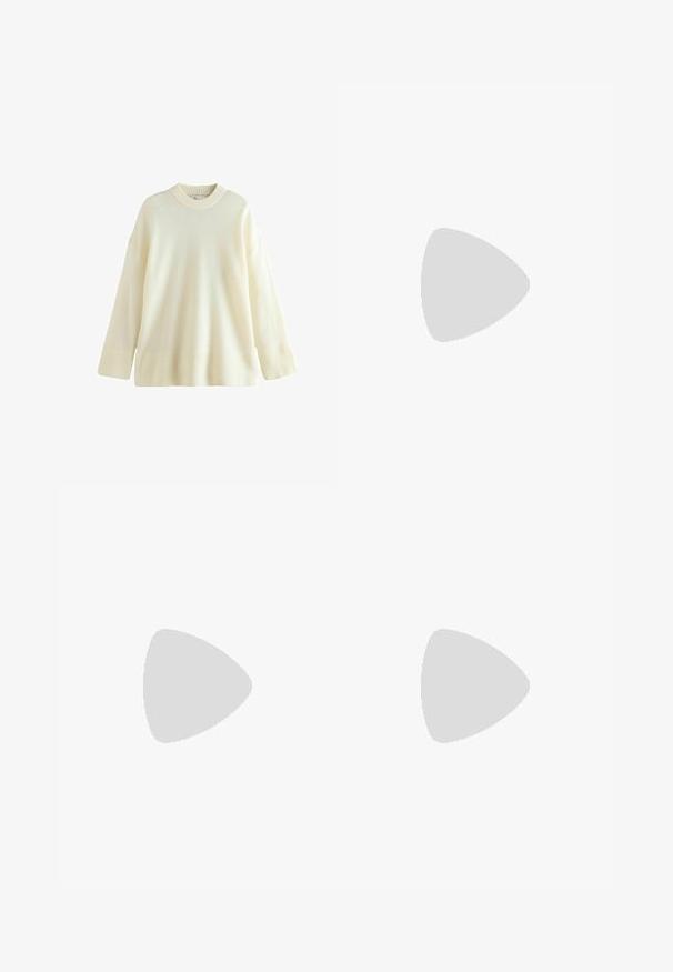 Kremno obarvan oversized pulover iz mehkega materiala. Ima rebrast ovratnik in manšete, telo pa je gladko. Idealno za plastenje.; Kremni pulover s kratkimi rokavi z mornarsko modrimi horizontalnimi črtami. Ima okroglo izrez in rebraste manšete ter spodnji rob. Izdelan je iz mehkega pletenega materiala.; Hlače v kremni barvi širokega kroja z tankimi vertikalnimi črnimi črtami, elastičnim pasom in nastavljivo vrvico. Lahka tkanina. Dva stranska žepa.; Črne platform sandale z dvema širokima trakoma, narejene iz gladkega materiala. Imajo masiven podplat z teksturirano podlago za boljši oprijem.; Kornjačo-uglovne sončne očala z degradiranimi lečami, s širokim okvirjem in diskretnimi kovinskimi dodatki na sprednji in stranskih delih.