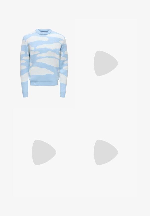 Pull léger bleu avec un tricot texturé présentant un motif de nuages en blanc. Encolure ronde et poignets et ourlet côtelés.; Pantalons lilas clair, amples avec une jambe large, en tissu doux. Dotés d'une taille élastique et d'un cordon de serrage pour un ajustement réglable.; Un pantalon large à carreaux marron et bleu associé à des chaussures blanches avec des accents noirs et des semelles texturées, le tout sur fond vert.; Sac banane en nylon noir avec bandoulière adjustable, arborant un logo blanc bien visible. Porté par-dessus un t-shirt bleu clair. Design simple et fonctionnel.