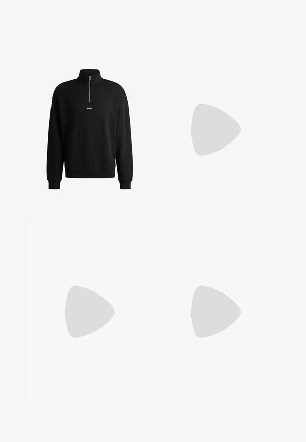 Black sweatshirt with a high collar, front zipper, and subtle logo. Made from soft fabric, features ribbed cuffs and hem.; Black long-sleeve shirt with a slim fit, made of smooth fabric. Features a pointed collar and six buttons down the front.; Black cotton shorts with elastic waistband and drawstring. Features side pockets and subtle embossed branding on the lower left leg.; Black leather lace-up shoe with a rounded toe, smooth texture, minimal stitching, and a low rubber heel. Logo on the heel.