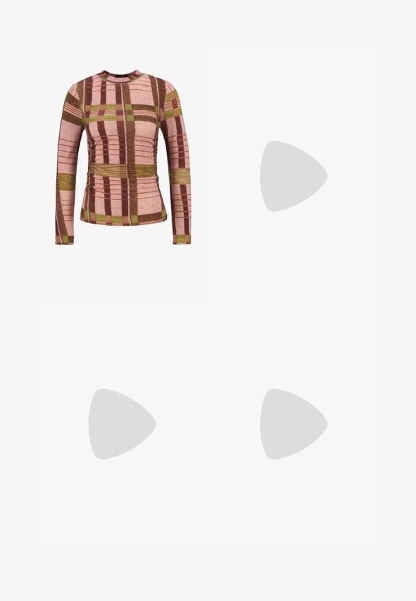 Long-sleeve top with a fitted design, featuring a plaid pattern in pink, green, and brown colors. Made of textured fabric with ruching details.; Light blue denim wrap skirt with a frayed hem, front button closure, and two side pockets. Features a relaxed fit and smooth texture.; Black leather ankle boot with pointed toe, elastic side panels with vertical grooves, and a low block heel. Smooth texture and sleek design.; Black leather handbag with a structured design, featuring a cropped shape, top handle, and gold hardware accent. Adjustable shoulder strap included.