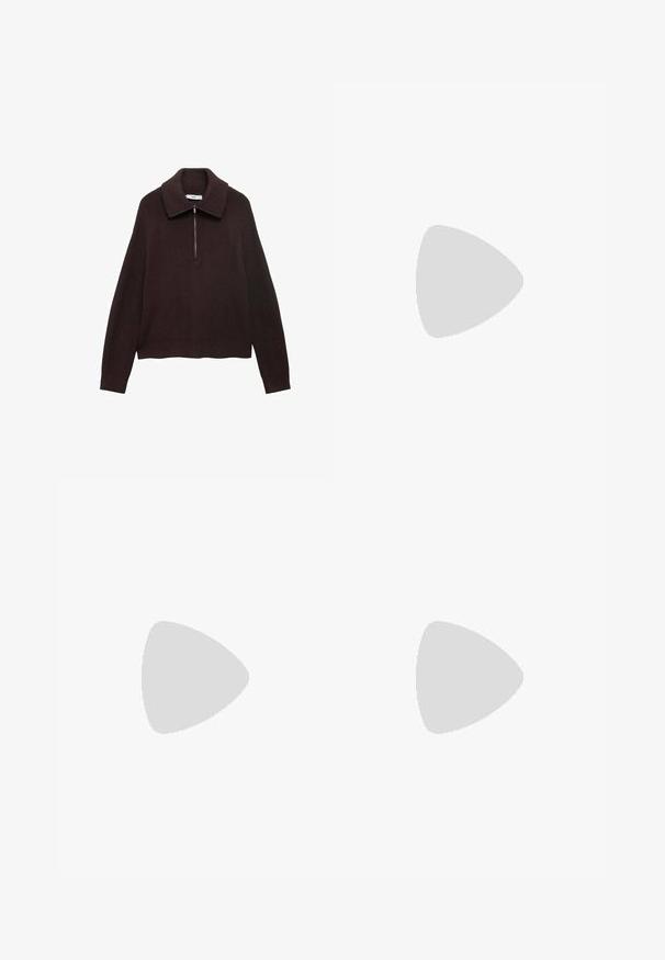 Pull en tricot marron avec un large col, fermeture à demi-zip à l'avant et épaules tombantes. Présente une texture côtelée et une longueur crop.; Pantalons larges marron avec une texture lisse, dotés d'une ceinture noire à la taille et de poches latérales. Design ajusté et coupe décontractée.; Sandale en cuir marron avec des brides entrecroisées, une fermeture à boucle à la cheville et une semelle plate avec des détails de couture minimaux.; Sac à main en cuir marron avec deux poignées robustes, de forme rectangulaire, texture lisse et fermeture zippée. Design minimaliste sans motifs visibles.