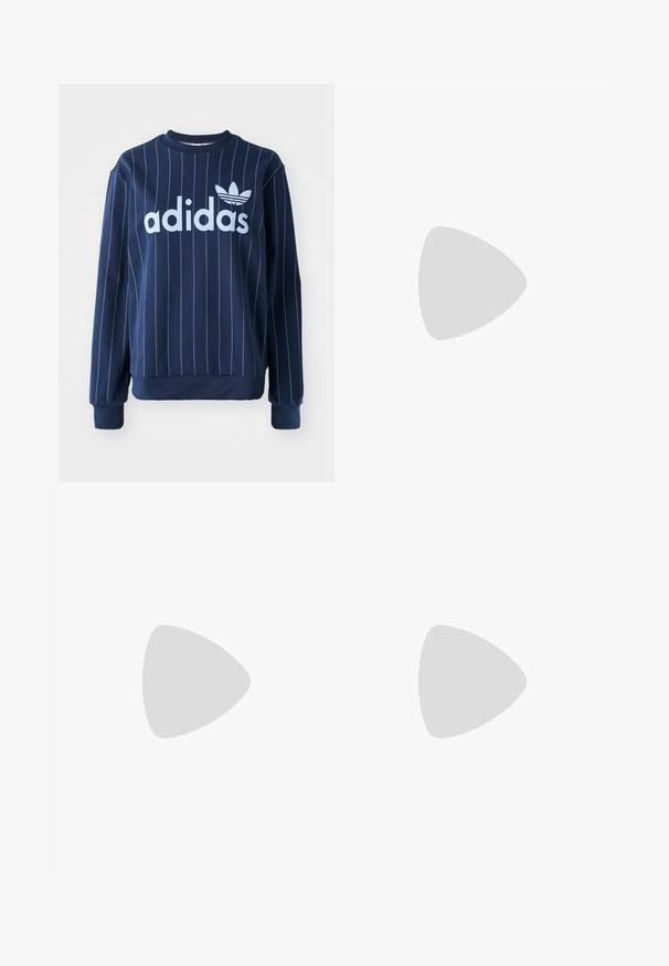 Jūras zila kapuce ar vertikālām baltām svītrām, liels gaiši zils "adidas" logo uz priekšpuses, ribota aproce un apaļa izgriezuma kakla daļa.; Brūnas platās denima bikses ar kontrastējošiem šuvēm, piecām kabatām un metāla pogu aizdari. Gluda tekstūra, taisna griezuma.; Krēma krāsas kedas ar zilo zamšādu svītrām, baltām auklām un gumijas zoli. Apvienotas ar pelēkām sporta biksēm ar baltām sānu svītrām.; Brūns ādas plecu soma ar izliekta formu, zelta piederumiem un sprādzes akcentu. Iesaiņota ar noņemamu plecu siksnu.