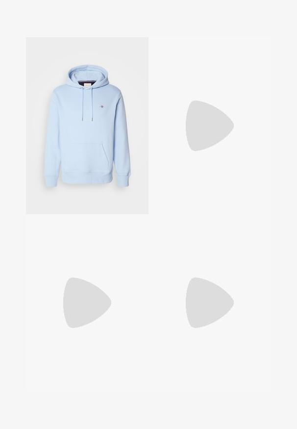 Light blue hoodie made of soft cotton, featuring a front kangaroo pocket, drawstring hood, and small embroidered logo on the chest.; White cotton crewneck T-shirt with short sleeves, featuring a subtle embossed "Joop!" logo on the chest and a straight hem.; White cotton trousers with a straight-leg design, front pockets, a single button closure, and a smooth texture.; White leather sneaker with a smooth texture, round toe, lace-up design, and a small navy heel accent with a red detail on the sole.