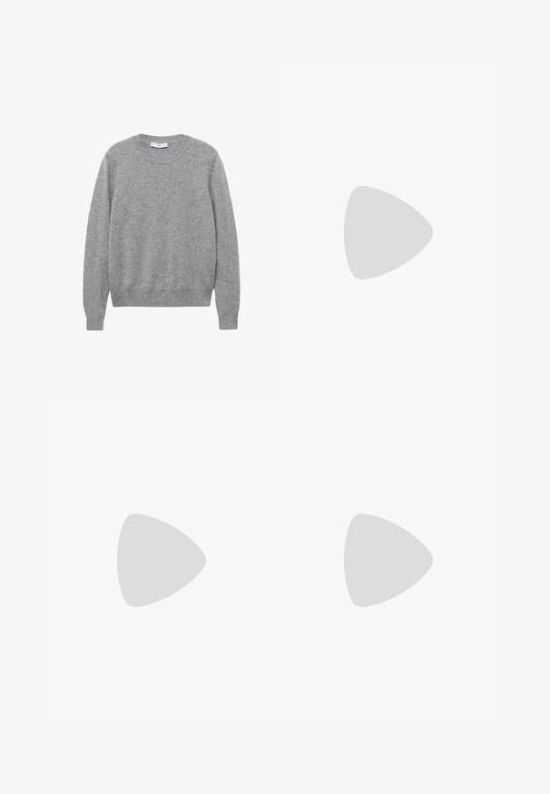 Suéter de lana gris con cuello redondo, mangas largas y puños y dobladillo acanalados. La textura parece suave y ligeramente texturada.; Pantalones deportivos navy con cintura elástica, piernas rectas y cremalleras laterales. Presentan piping blanco a lo largo de los lados. Textura de tela suave.; Zapato Mary Jane de charol negro con punta afilada, correa ajustable y tacón cuadrado, que presenta un acabado brillante y un diseño minimalista.; Gafas de sol rectangulares negras con lentes verdes, acabado mate, sutiles acentos de hardware y logotipo grabado en la patilla.