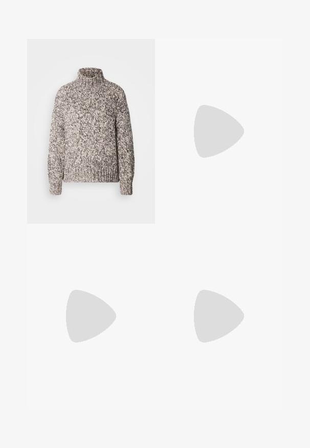 Marc O'Polo LONG SLEEVE STAND UP COLLAR - Džemperis - multi/shaded brown melange; Juodi medvilnės mišinio kelnės su tiesiu kirpimu, priekyje su mygtukų užsegimu ir dviem šoninėmis kišenėmis. Lygi tekstūra, be matomų raštų.; Juodas odinis aukštakulnis batelis su smailiu pirštu ir žemu bloku. Su kulkšnies dirželiu su auksinės spalvos sagtimi. Lygus paviršius.; Juodas nubuko turgus su sklandžiu paviršiumi, struktūrine forma ir kontrastingomis siūlėmis. Yra ilgos rankenos, skirtos nešti ant peties.