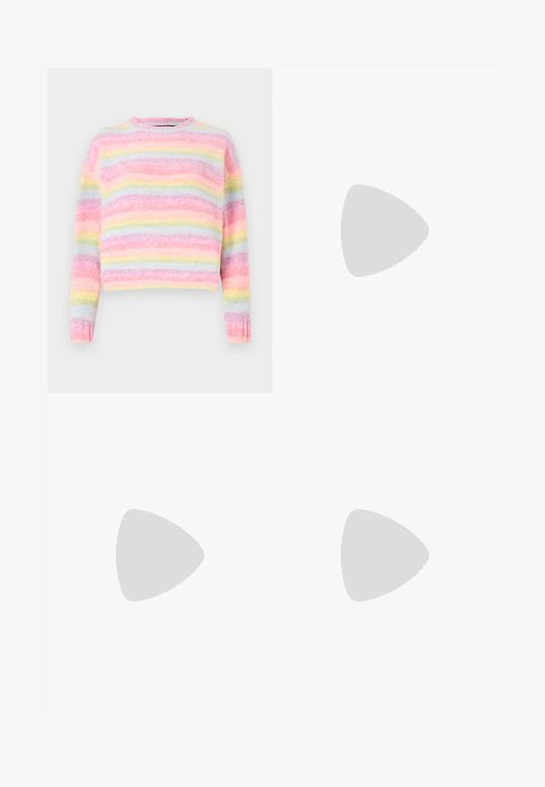 Multicolor striped sweater featuring pink, blue, and pastel yellow hues, with a soft, textured finish and a round neckline.; Light blue flared jeans made of denim, featuring a high waist, five pockets, and a single button closure. Soft texture with faded finish.; Navy blue sneaker with a textured fabric upper, white platform sole, rounded toe, and black heel accent. Features six eyelets for laces.; Black leather handbag with a curved shape, detachable strap, and gold hardware. The bag features a flap with a buckle detail.