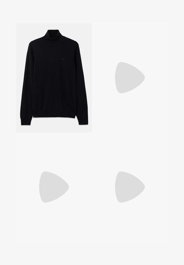 Black turtleneck sweater made of soft knit fabric, featuring long sleeves and ribbed cuffs and hem. Subtle logo detail in black on chest.; White cotton t-shirt featuring a blue denim heart appliqué on the left chest. Short sleeves and a classic crew neckline.; Distressed denim jeans in light green, featuring a straight leg, five-pocket design, and uneven fading with paint splatters.; Black leather loafers with a smooth texture, rounded toe, and a decorative strap across the vamp. Low stacked heel, minimalist design.