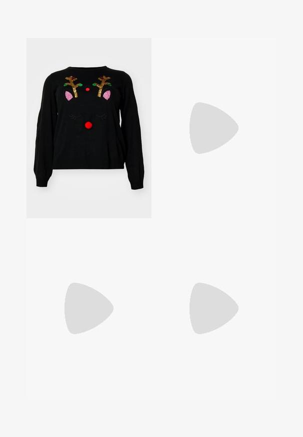 Schwarzer Pullover mit Rentierdesign, verziert mit glitzernden Geweihen, einer roten Pom-Pom-Nase und rosa Ohrenakzenten. Weicher Stoff, lange Ärmel.; Jeans aus Denim in einem hellen bis mittleren Blauton-Gradienten. Sie weisen einen geraden Schnitt, fünf Taschen und gestickte Details entlang der Nähte auf.; Schwarze Canvas-Hochtop-Sneakers mit weißen Gummisohlen und Schnürsenkeln. Mit einem runden Logo an der Seite und kontrastierendem weißen Nähten.; Silberne Creolen mit einer glatten, polierten Oberfläche. Runder Form und sicherem Klickverschluss. Leichtes Design, geeignet für den täglichen Gebrauch.