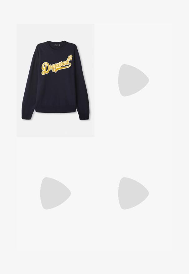 Pulover navy dintr-un material moale, cu un logo mare brodat "Dsquared²" de culoare galbenă pe partea din față, cu guler, manșete și tiv cu model în relief.; Tricou negru din bumbac cu guler rotund, mâneci scurte și logo-ul "EMPORIO ARMANI" în alb deasupra cuvântului "Milano" într-un design curbat.; Pantaloni negri plisati dintr-un material texturat, cu un design pe picior drept și talie standard. Fără buzunare sau accesorii vizibile.; Sneaker din piele neagră cu profil joasă, vârf rotunjit și închidere cu șireturi; caracteristici o talpă din cauciuc texturat și detaliu cu logo pe toc.