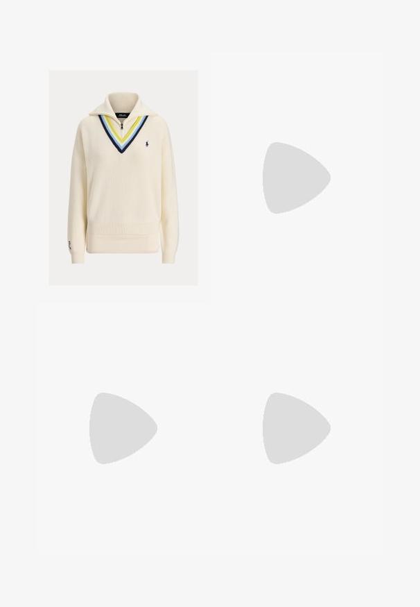 Kremkrāsas adīts puloveris ar augstu apkakli un rāvējslēdzēju. Iezīmē daudzkrāsaina V-veida kakla dizainu un RLX logotipu uz piedurknes.; Melni sporta šorti ar elastīgu jostasvietu, krēmkrāsas sānu svītras un baltu "P" logo apakšējā kreisajā pusē. Gluda auduma, brīvs piegriezums.; Baltas ādas sporta apavi, zema dizaina, ar gludu tekstūru, noapaļotu purngalu, ar auklēm priekšpusē un nelielu izšūtu logotipu sānos.; Melnas ādas rokas soma pusmēness formas. Iezīmē zelta metāla akcentus un šauru siksniņu. Gluda tekstūra, rāvējslēdzēja aizdare augšpusē.