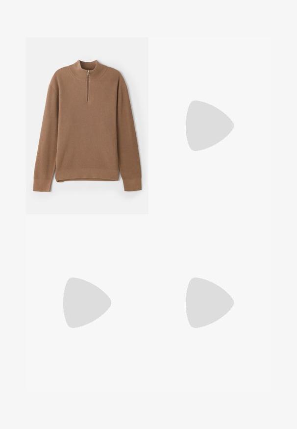 Ruskea ribattu neulepaita korkealla kauluksella ja puoliveto-aukolla. Ominaisuuksiin kuuluvat pitkät hihat ja suora helma, jossa on sivuaukot liikkumisen helpottamiseksi.; Filippa K TERRY CROPPED TROUSERS - Housut - sage melange; Musta nahkainen loafers-tyylinen kengät, joissa on pyöreä kärki, kultaiset yksityiskohdat ja ompelutiedot, asetettu matalalle, teksturoidulle kumipohjalle.; Musta pyöreä aurinkolasit tummilla linsseillä ja kapeilla metallikehyksillä. Sisältää kirkkaat temppelet ja hopeiset yksityiskohdat saranassa. Minimalistinen muotoilu.