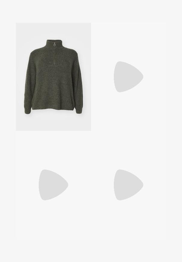 Vero Moda Curve VMCPLAZA ZIPPER  - Svetr - kalamata melange; Široké kalhoty v jedné hnědé barvě, vyrobené z texturované látky; mají vysoký pas a strukturovaný design s poutky na pásek.; Hnědé lakované kožené mokasíny se čtveratou špičkou, kovovým řetízkovým akcentem a nízkým blokovým podpatkem; hladká textura, minimalistický design.; Hnědá kožená taška přes rameno se strukturovaným tvarem, vybavená magnetickou klopou a metalickým logem na přední straně.