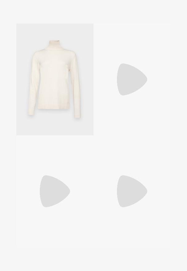 WEEKEND MaxMara KIKU - Pulover - latte; Jeans din denim albastru deschis, cu croi evazat, design cu cinci buzunare, elastic pentru curea și închidere cu nasture. Textură moale cu o ușoară decolorare.; Sandale negre din piele cu cataramă ajustabilă, talpă plată de culoare bej, și două curele late care se suprapun peste picior, design minimalist.; Geantă din piele maro cu închidere cu clapetă, accesorii aurii și curea reglabilă. Dispune de o textură netedă și o formă rectangulară elegantă.