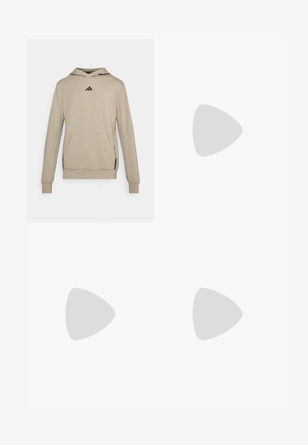 Beige hoodie met een zwart logo, voorzak met kangoeroe-opening, lange mouwen en geribde boorden, gemaakt van zacht materiaal.; Witte sport T-shirt met korte mouwen, gemaakt van vochtafvoerende stof. Heeft een zwart logo op de linkerkant van de borst en een gemusterde binnenhals.; Zwarte sportbroek met een rekbare tailleband, witte zijkanten en een klein wit logo op de dij. Gemaakt van een soepele, lichte stof.; Zwarte sportieve schoenen met een geperforeerde mesh bovenkant, witte accentstrepen, een gevoerde zool en een versterkte hiel voor extra ondersteuning.