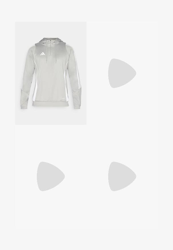 Light grey hoodie with a zippered neck, white accent stripes, and an embroidered logo. Made of smooth, athletic fabric with a soft texture.; White athletic t-shirt with short sleeves, made from moisture-wicking fabric. Features a black logo on the left chest and a patterned interior neckline.; Black athletic pants with a stretchy waistband, white side stripes, and a small white logo on the thigh. Made from a smooth, lightweight material.; Black athletic shoes with a textured mesh upper, white accent stripes, a cushioned sole, and a reinforced heel for support.