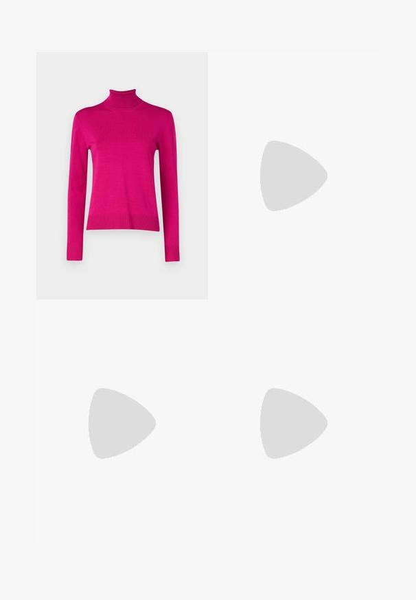 Fitted Rollkragenpullover in leuchtendem Pink, aus geripptem Strickstoff, mit langen Ärmeln und geradem Saum sowie gerippten Bündchen.; Schwarze Hose mit geradem Schnitt, ausgestattet mit Fronttaschen und Seitenschlitzen am Saum. Hergestellt aus weichem, glattem Stoff. Geeignet für verschiedene Anlässe.; Schwarze patentierte Sandalen mit Absatz, quadratischer Spitze, Knöchelriemen und silbernen Schnallen. Mit einem stabilen Blockabsatz für mehr Stabilität.; Schwarze Laptoptasche aus Leder mit glatter Textur, rechteckiger Form und zwei langen Griffen. Keine sichtbaren Beschläge oder Verzierungen.