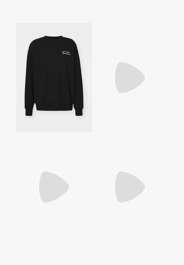 Black sweatshirt made of cotton. Features a crew neckline, long sleeves, and a white embroidered "Manastash" logo with mountain graphic on the chest.; Short-sleeve shirt in black and white plaid pattern, featuring a button-down collar, front pocket, and a small label on the chest.; Dark wash denim jeans with a wide-leg silhouette, high waist, and five-pocket design. Features a classic button and zip fly closure.; Tan suede ankle boot with black padded collar, gold metal eyelets, white stitching detailing, and rugged rubber sole with pronounced treads.