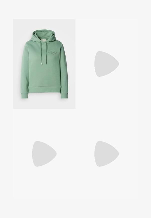 Mint green hoodie with a kangaroo pocket, drawstring hood, ribbed cuffs, and a small embroidered logo on the chest. Soft cotton blend fabric.; Light blue wide-leg jeans made from denim, featuring a high waist, faded wash, and subtle tie-dye pattern along the front.; White low-top sneaker with black heel tab, platform sole, laces, and Calvin Klein "CK" logo on the side.; Silver hoop earrings with a textured design featuring vertical ridges. Circular shape with a secure latch closure. Smooth finish.