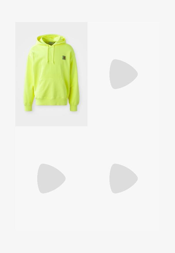 Neon yellow hoodie made of cotton. Features a front pocket, drawstring hood, and a small logo patch on the upper left side. Soft texture.; White cotton t-shirt with short sleeves, crew neck, featuring a small gold logo on the left chest area. Soft texture and regular fit.; Dark blue denim jeans with a straight-leg design, featuring a button closure, five-pocket style, and subtle stitching details.; Brown suede hiking boot with black rubber sole, lace-up design, and padded collar. Timberland logo on the side.