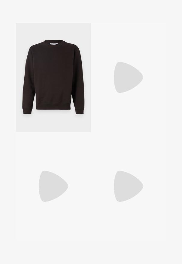 Dark brown sweatshirt, crew neckline, long sleeves, ribbed cuffs and hem, smooth texture, no visible patterns or graphics.; Black cotton trousers with a relaxed fit, featuring a classic waistband, front pleats, and side pockets. Smooth texture without patterns.; Light beige loafers with a pointed toe, smooth material, a strap across the vamp, and a low brown sole. Simple design with minimal accents.; Black rectangular sunglasses with dark lenses, featuring a distinctive shape and branding on the temple. Worn by a person in a green shirt.