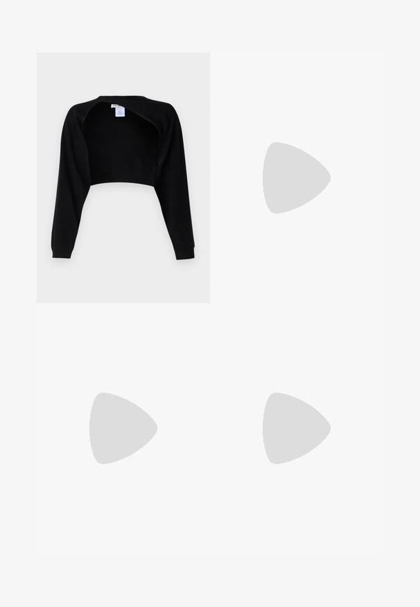 pure cashmere BOLERO TWO-WAY - Džemperis - black; Melnas pielāgotas bikses ar taisnu kāju dizainu, kas raksturojas ar gludu faktūru un asiem krokām pa priekšu. Nav redzamu metāla detaļu.; Bežīgas zamšādas augstpapēžu kurpes ar smailu purngali un masīvu bloku papēdi. Materiāls ir ar mīkstu tekstūru un gludu apdari.; Melnas ādas roku soma ar struktūru, ar īsu formu, augšējo rokturi un zelta aksesuāriem. Iekļauta regulējama plecu siksna.