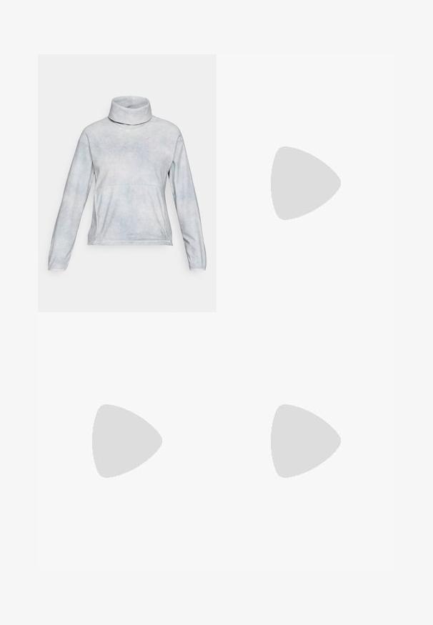 Light blue long-sleeve fleece pullover with high roll neck and small logo on the upper chest, designed for cold weather.; Black long-sleeve t-shirt made of cotton with a round neck. Features a small white logo on the left chest area. Simple design and fit.; Black nylon zip-off cargo trousers with adjustable cuffs, multiple pockets, and a logo on the right leg. Smooth, lightweight texture.; Beige and cream athletic shoe with textured mesh upper, supportive overlays, and rubber outsole featuring a tread pattern for traction.