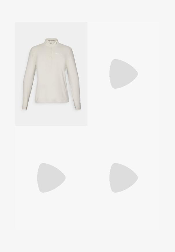 Champion HALF ZIP TOP - Felpa in pile - beige; T-shirt bianca a girocollo realizzata in cotone, con maniche corte e un piccolo logo ricamato sulla parte sinistra del petto. Texture morbida.; Pantaloni da tuta in cotone grigio chiaro con polsini a coste, caratterizzati da un logo "Champion" verticale in blu navy e una sottile texture. Vita elastica per comfort.; Sneakers atletici bianchi con pelle sintetica liscia, accento del logo nero e dettagli perforati sul lato. Suola in gomma.