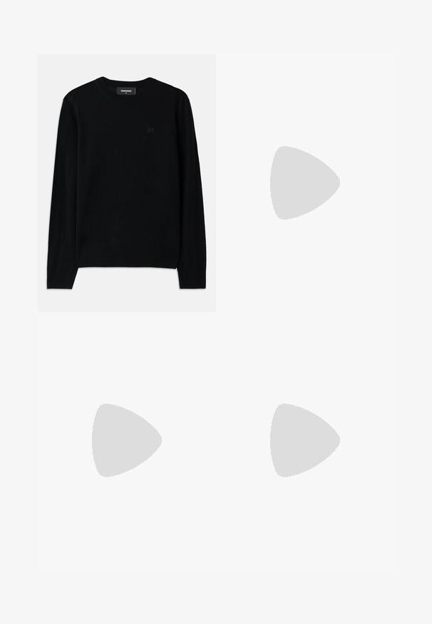 Črna pulover s krožnim izrezom, narejena iz mehkega materiala. Ima dolge rokave in subtilen detajl logotipa D2 spredaj. Preprost, klasičen dizajn.; Črne hlače visoke pasu s širokimi nogavicami, narejene iz gladkega blaga. Imajo sprednje gube in zanko za pas. Minimalističen dizajn, brez vidnih dodatkov.; Tenisice z belim razpokanem slojem, črnimi detajli, petimi horizontalnimi črtami in črnim oblazinjenim jezikom z oznako "1984". Črn gumijast podplat.; Črna usnjena torba čez ramo z teksturirano obdelavo, zapiranje s poklopcem, kovinsko okovje in usklajena nastavljiva trak.