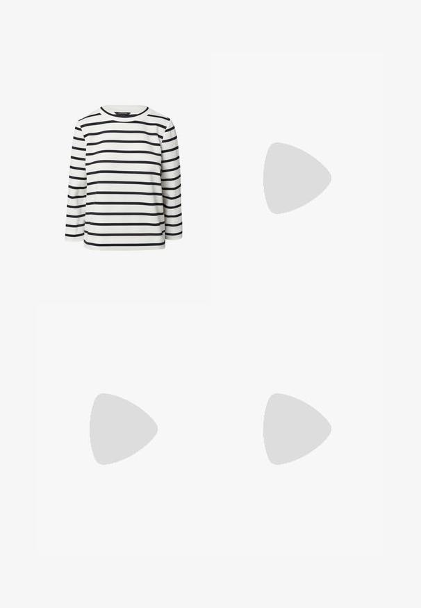 Biały longsleeve z poziomymi czarnymi paskami, wykonany z miękkiego materiału. Posiada okrągły dekolt i luźny krój. Brak widocznych zapięć.; Białe spodnie o szerokich nogawkach wykonane z lekkiego materiału. Posiadają elastyczny pas z sznurkiem i boczne kieszenie. Gładka tekstura.; Brązowe skórzane sandały z krzyżującymi się paskami, zapięciem na klamrę przy kostce oraz płaską podeszwą z minimalnymi detalami szycia.; Okulary przeciwsłoneczne w kratkę w kształcie prostokątnym, z grubymi oprawkami i ciemnymi szkłami. Gładka faktura i minimalistyczny design.