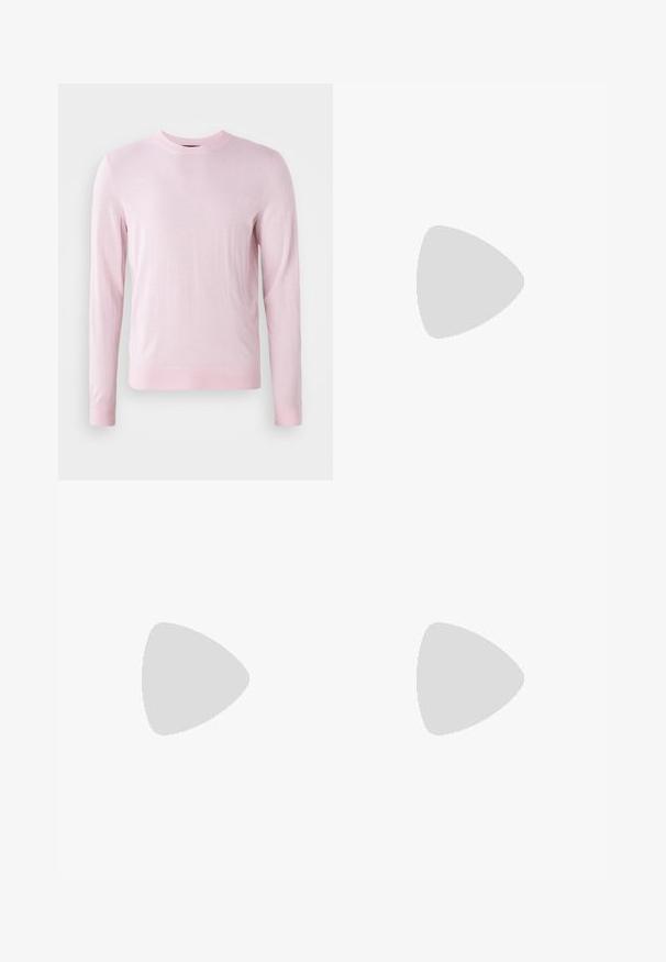 Gaiši rozā džemperis, izgatavots no mīksta adīta materiāla, ar apaļu kakla izgriezumu, garām piedurknēm un ribotiem apročām un apakšmalu. Gluda tekstūra, bez rakstiem.; Filippa K TERRY CROPPED TROUSERS - Auduma bikses - sage melange; Baltas ādas sneakers ar gludu virsmu, apaļu pirkstu daļu, plakaniem šņorēm un teksturētu zoli. Satur diskrētu logotipu uz papēža.; Melni apaļi saulesbrilles ar tumšiem lēca un plānām metāla stangām. Iekļautas caurspīdīgas tempļu galviņas un sudraba akcenti pie eņģes. Minimalistisks dizains.