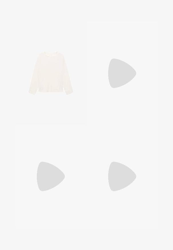 Dlhý rukáv svetlo krémovej košele vyrobený z mäkkej tkaniny, s okrúhlym výstrihom a voľným strihom. Jednoduchý dizajn bez viditeľných vzorov alebo akcentov.; Džínsy s širokými nohavicami v hnedej farbe, vyrobené z denimu, so zvýšeným pásom, prednými vreckami a klasickým zapínaním na gombík. Hladká textúra s jemným prešívaním.; Hnedé kožené sandále na podpätku so štvrtkovým špičkou, vyrezávanými bokmi a blokovým podpätkom. Obsahujú pracku na pásiku okolo členka.; Hnedá semišová taška cez rameno s dvoma dlhými popruhmi, sťahovacou šnúrkou a minimalistickým dizajnom. Hladký povrch a žiadne viditeľné kovové doplnky.