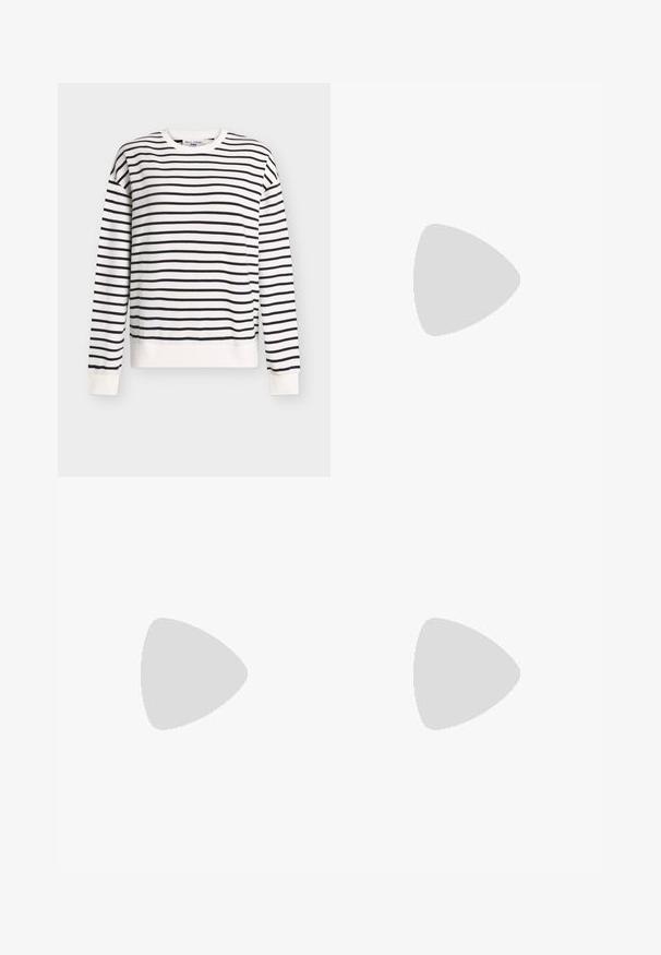 Sweat-shirt blanc avec des rayures bleu marine, manches longues, col rond, poignets et ourlet côtelés. Tissu doux, coupe décontractée, design minimaliste.; Pantalon large blanc en tissu doux, avec une taille à cordon de serrage et une texture lisse. Aucun motif ni embellissement visible.; Baskets blanches avec un matériau en maille, semelle en caoutchouc, design sans lacets avec des bandes élastiques et accents dorés.; Sac à main en cuir blanc au design structuré, doté d'un fermoir magnétique et d'une bandoulière, présenté sur un fond neutre.