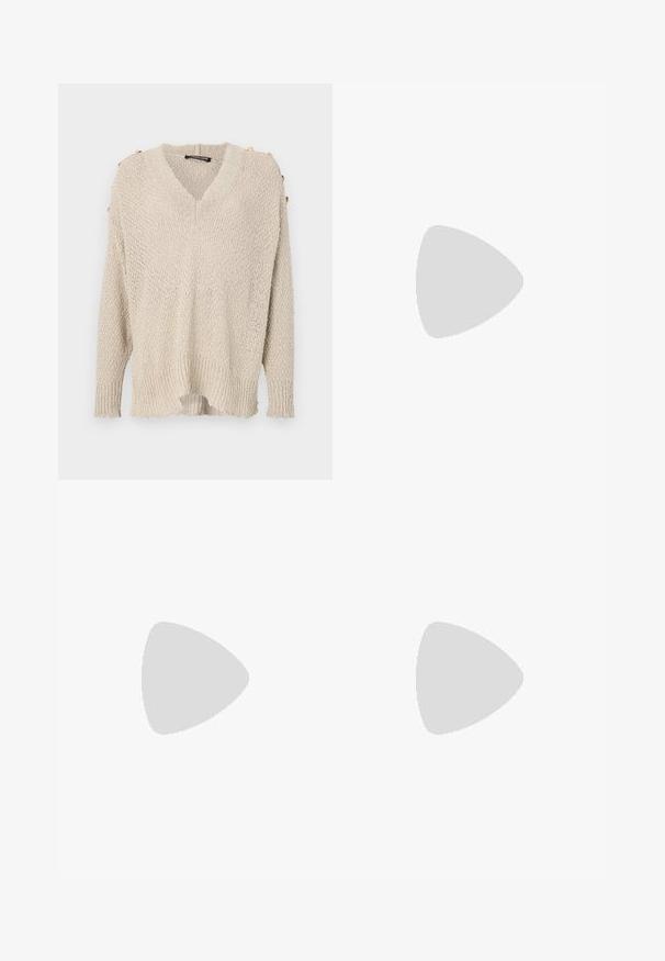 Beige knit sweater with a V-neck, drop shoulder design, and ribbed hem. Features gold buttons on shoulders and a loose, textured fabric.; Black wide-leg trousers with a smooth texture, featuring a high waistband and center pleats. No visible patterns or hardware details.; Knee-high black leather boots with a pointed toe and a slim stiletto heel. Smooth texture with a fitted design and stitching at the top edge.; Black faux leather handbag with a textured finish, featuring a beaded silver accent along the top handle and a chain strap.