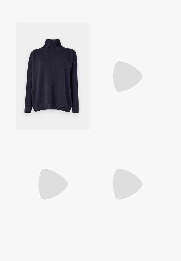 WEEKEND MaxMara BORGIA - Džemper - blu; Tumed sinised laiad püksid, millel on voldid, sujuv tekstuur, kohandatud disain ja kõrge vöökohas.; Must musta kõrge kontsaga king, millel on terav nina ja ümar, pallikujuline konts. Sile pind ja elegantne, minimalistlik disain.; Pruun nahast ämbri kott reguleeritava õlavööga ja kuldse määrdega, lihtne vertikaalne õmblusdetail ees.