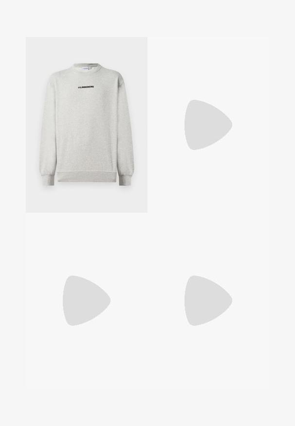 Light gray long-sleeve crewneck sweatshirt with ribbed cuffs and hem, featuring black "J.LINDEBERG" text centered on the chest.; Black trousers made of a smooth fabric, featuring a fold at the front, a button closure, and rolled cuffs at the ankle.; Black suede sneaker with a white rubber sole, featuring tonal stitching and lace-up design. Smooth texture with a modern, streamlined shape.; Brown plastic-frame sunglasses with blue lenses, square shape, thin arms, textured accents on the temples, and a polished finish.